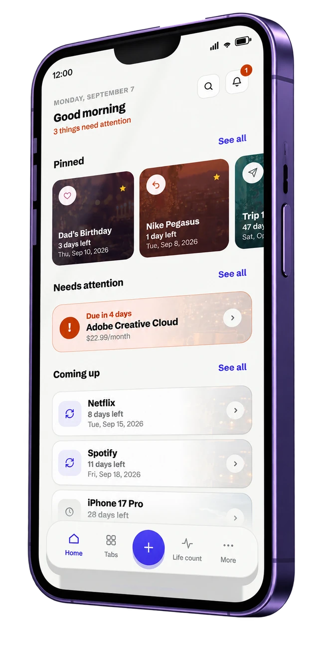 A phone running KeepTab Home, showing pinned countdowns and the subscriptions coming up.