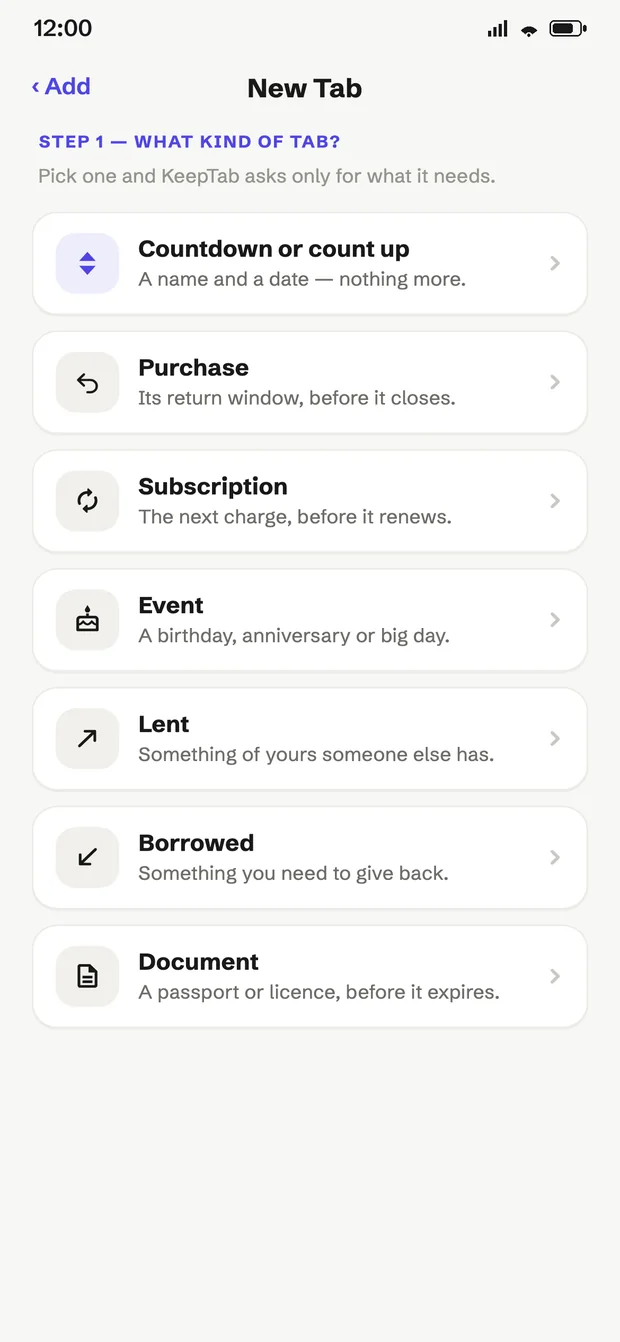 The Add a Tab sheet, with the kind picker set to Purchase and fields for title, date and notes.