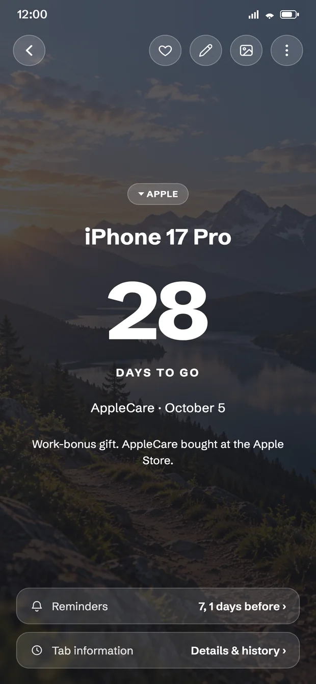 A Tab detail screen counting down 28 days to an iPhone 17 Pro AppleCare deadline, over the owner's photo.