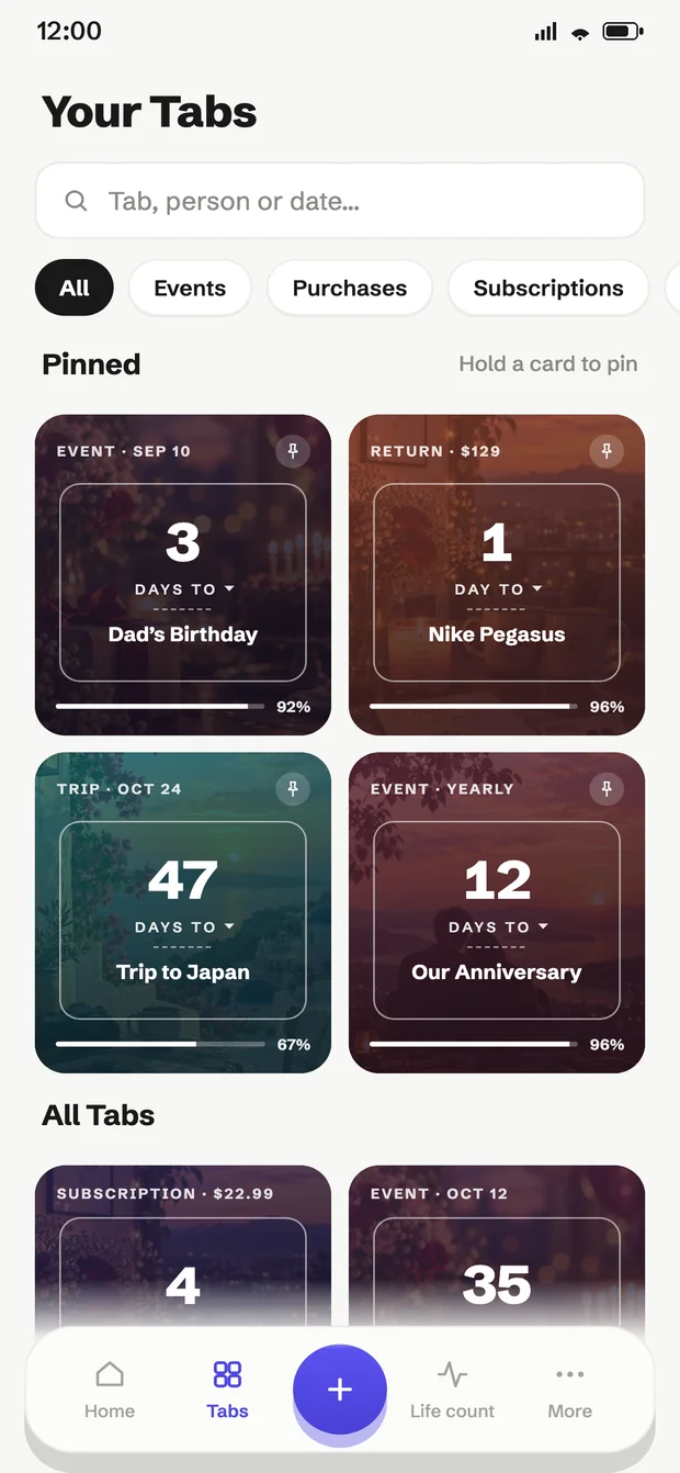 The KeepTab Tabs grid: a search field, kind filters, and cards for a trip, an anniversary, car insurance and a passport renewal, each with the days remaining.